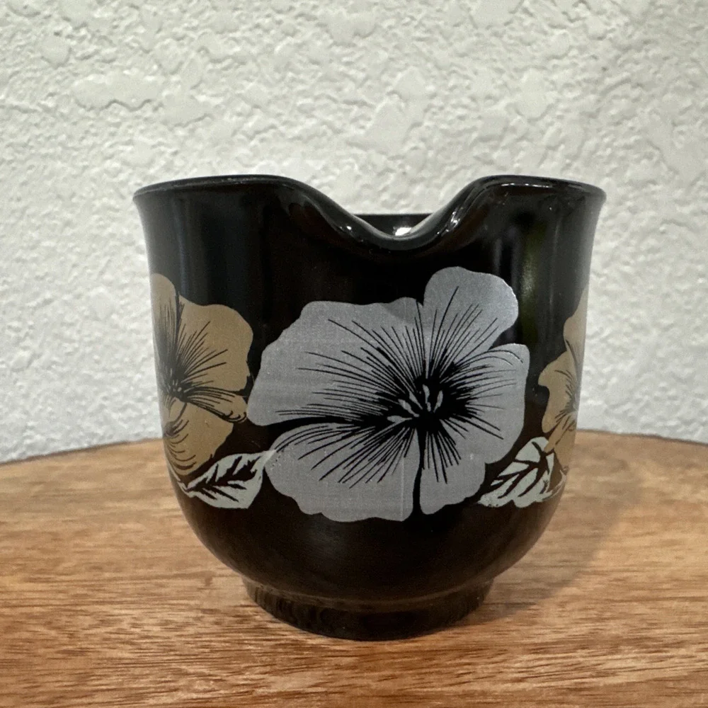 VTG Arcoroc France Creamer Julie Pattern Black Gold Silver Floral Design Glass